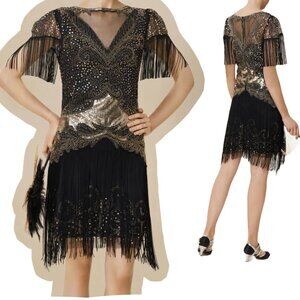 Babeyond 1920 Dress Gold Sequins Black Fringe Dress Flapper Costume Size XL